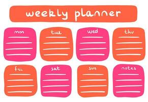 wekelijks ontwerper in roze en oranje kleuren met aantekeningen blok. planning, tijd beheer, schema planning. vector illustratie. ontwerper indeling.