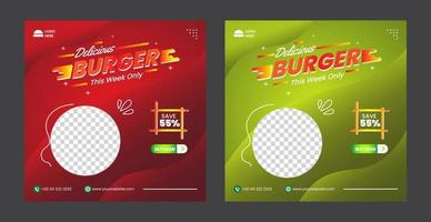 heerlijke hamburger en eten menu social media bannersjabloon vector