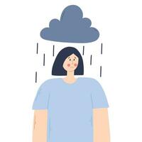 depressief vrouw met wolk en regen bovenstaand haar. jong verdrietig meisje in depressie. vector illustratie.