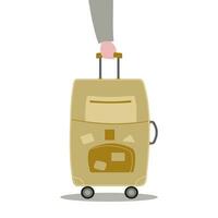 menselijk hand- houdt een koffer door de handvat. een koffer met wielen en een Oprolbaar omgaan met voor reizen en bedrijf reizen. reizigers bagage. vlak vector. vector
