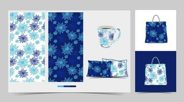 een blauw en wit patroon bloemen met een kop en zak vector