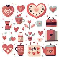 reeks van elementen voor Valentijnsdag dag. hart, auto, ballen, bloemen, guirlande, snoepgoed Aan een wit achtergrond. liefde stickers set. vector
