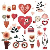 reeks van elementen voor Valentijnsdag dag. hart, auto, ballen, bloemen, guirlande, snoepgoed Aan een wit achtergrond. liefde stickers reeks vector