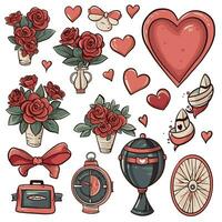 reeks van elementen voor Valentijnsdag dag. hart, auto, ballen, bloemen, guirlande, snoepgoed Aan een wit achtergrond. liefde stickers set. vector