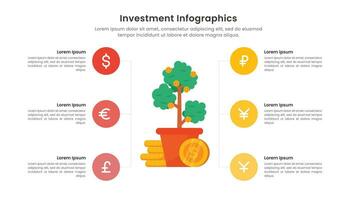 investering infographic met illustratie van geld boom en 6 opties vector