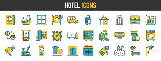 hotel pictogrammen set. reeks van appartement reservering, hotel boeken, huur herberg kamer, luchthaven, kamer Oppervlakte, vlak huur, vijf sterren hotel, onderhoud vector web icoon