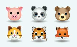 reeks van dieren vector emoji illustratie. varken, beer, panda, kat, vos en tijger in tekenfilm stijl. verzameling van gemengd tekenfilm dieren. 3d illustratie.