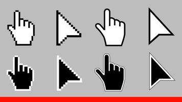 8 zwart-wit pijl pixel en geen pixel muis hand cursors pictogram vectorillustratie instellen vlakke stijl ontwerp geïsoleerd op een witte achtergrond.