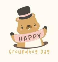 gelukkig groundhog dag met vrolijk tekenfilm groundhog hodling spandoek. vector