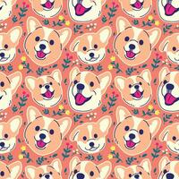 schattig corgi hoofd met bloemen naadloos patroon vector