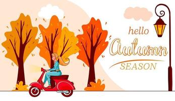 hallo herfstbanner. herfst park bomen en een blond meisje op een rode scooter. vector