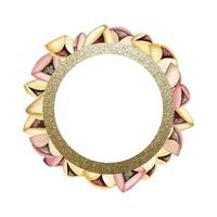 waterverf gelukkig Purim ronde vector kader sjabloon met hamantaschen koekjes en goud cirkel