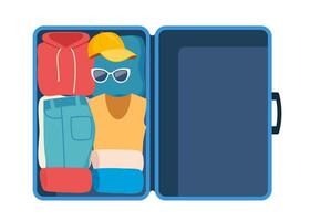 koffer met Ingepakt kleren voor reizen in top visie. kleding, schoenen en accessoires. persoonlijk bezittingen in bagage, gaan Aan vakantie, reis of bedrijf reis. vector illustratie.