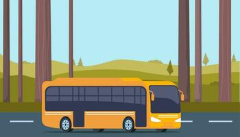 op reis door bus. toerist bussen rit langs weg naar reis avontuur. reizen agentschap reclame reclame, zomer vakantie toerisme achtergrond. vector illustratie.