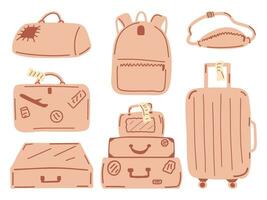 reeks van Tassen voor reizigers. koffer, rugzak, sport- tas, taille tas, bagage. geïsoleerd Tassen Aan een wit achtergrond voor reizigers vector