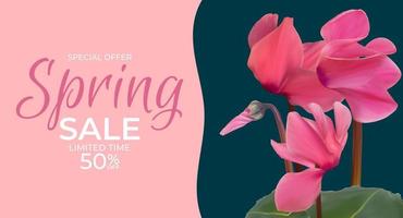 lente speciale aanbieding verkoop achtergrond poster natuurlijke cyclaam bloemen en bladeren sjabloon. vector illustratie