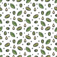 naadloos patroon, groen olijven, olie druppels en bladeren. hand- getrokken vector achtergrond.