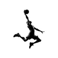 silhouet illustratie van een basketbal speler het uitvoeren van een dichtslaan dunk vector