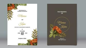 luxe bruiloft uitnodiging mooi bloemen en bladeren wijnoogst botanisch tuin waterverf stijl met donker bruin achtergrond vector