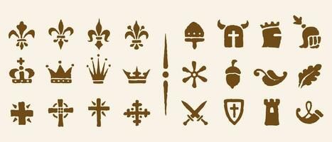 heraldisch symbolen in de romaans stijl in de oud papier achtergrond. vector reeks wijnoogst pictogrammen van historisch heraldisch symbolen.