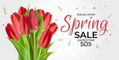 lente verkoop sjabloon achtergrond met realistische tulpenbloem. vector illustratie
