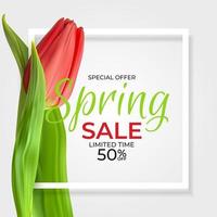 lente verkoop sjabloon achtergrond met realistische tulpenbloem. vector illustratie