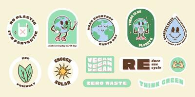 opslaan de planeet stickers in modieus retro tekenfilm stijl. sticker pak voor aarde of wereld milieu dag. grappig vector illustratie van planeet aarde, wereldbol met glimlachen gezicht. eco groen etiketten of insignes.