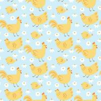 naadloos patroon met bloem en kippen en hanen, vector illustratie