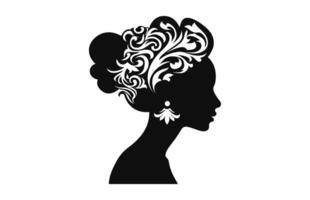 een Dames profiel met bloemen haar- zwart silhouet vector vrij