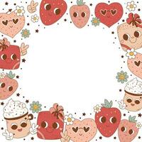 roze groovy romantisch kader met retro aardbei, hart, kop van koffie met ogen. vector valentijnsdag dag kaart. schattig jaren 70 retro karakters, y2k funky illustratie. koel glimlachen wijnoogst grens