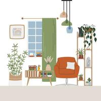 huis kantoor interieur ontwerp. knus studie ruimte en werkplaats met veel planten en boeken. vrije tijd resting zone. residentieel tafereel met schattig meubilair. leven kamer hand- getrokken vlak vector illustratie