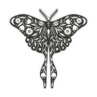 vlinder icoon met bloemen ornament. wijnoogst silhouet van zwart en wit mystiek vlinder of mot. vliegend hemel- insect, vector illustratie