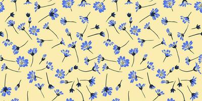 kunst gemakkelijk blauw klein bloemen patroon Aan een geel achtergrond. vector hand- getrokken schetsen. creatief vorm wild bloemen afdrukken. ontwerp voor mode, kleding stof, en textiel.