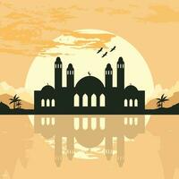 moskee silhouet met bergen en zonsondergang in de achtergrond vector