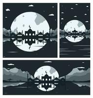 verzameling van moskee silhouet achtergronden met bergen en vol maan in de achtergrond vector