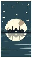 moskee silhouet met bergen en vol maan in de achtergrond vector