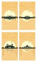 verzameling van moskee silhouet met bergen en zonsondergang in de achtergrond vector