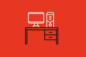 bureau met computer icoon over- rood achtergrond, lijn stijl, vector illustratie