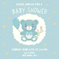 baby douche uitnodiging met schattig beer en blauw ballon. ontwerp sjabloon uitnodiging kaart voor baby en kinderen nieuw geboren viering. vector