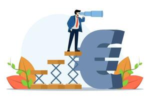 zakenman investeerder beklimming trap Aan euro valuta symbool, op zoek Bij telescoop voor Doorzichtig visie. voorspelling of visie van de toekomst van de Europese economie, financieel recessie of de EU economie. vector