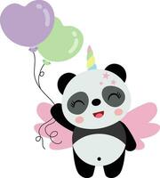 schattig gelukkig eenhoorn panda Holding ballonnen vector