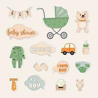 verzameling van vector stickers voor geslacht feest. deze is een reeks van stickers voor een jongen. auto, rammelaar, teddy beer, binden, envelop met de correct geslacht, wandelwagen, baby fles, binden, slippen. vector