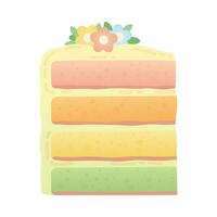 plak van taart met bloemen. stuk van taart voor gelukkig verjaardag groet kaart, sticker, banier, en ansichtkaart. vector illustratie geïsoleerd Aan een wit achtergrond.