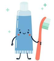 vlak vector illustratie. tandpasta met glimlachen gezicht, staand en Holding een tandenborstel in zijn hand. kind stijl, wit achtergrond