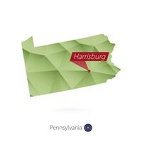 groen helling laag poly kaart van Pennsylvania met hoofdstad Harrisburg vector