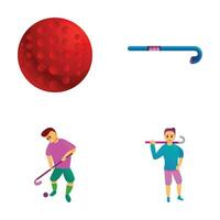 golf Speel pictogrammen reeks tekenfilm vector. golf speler met club en rood bal vector