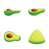 avocado fruit pictogrammen reeks tekenfilm vector. voor de helft avocado met pit vector