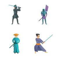 samurai pictogrammen reeks tekenfilm vector. Japans samurai krijger met zwaard vector
