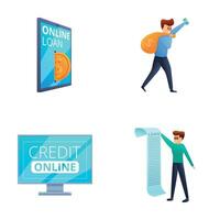 credit online pictogrammen reeks tekenfilm vector. Mens ontvangt online lening vector