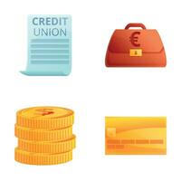 credit unie pictogrammen reeks tekenfilm vector. credit unie papier credit kaart en munt vector